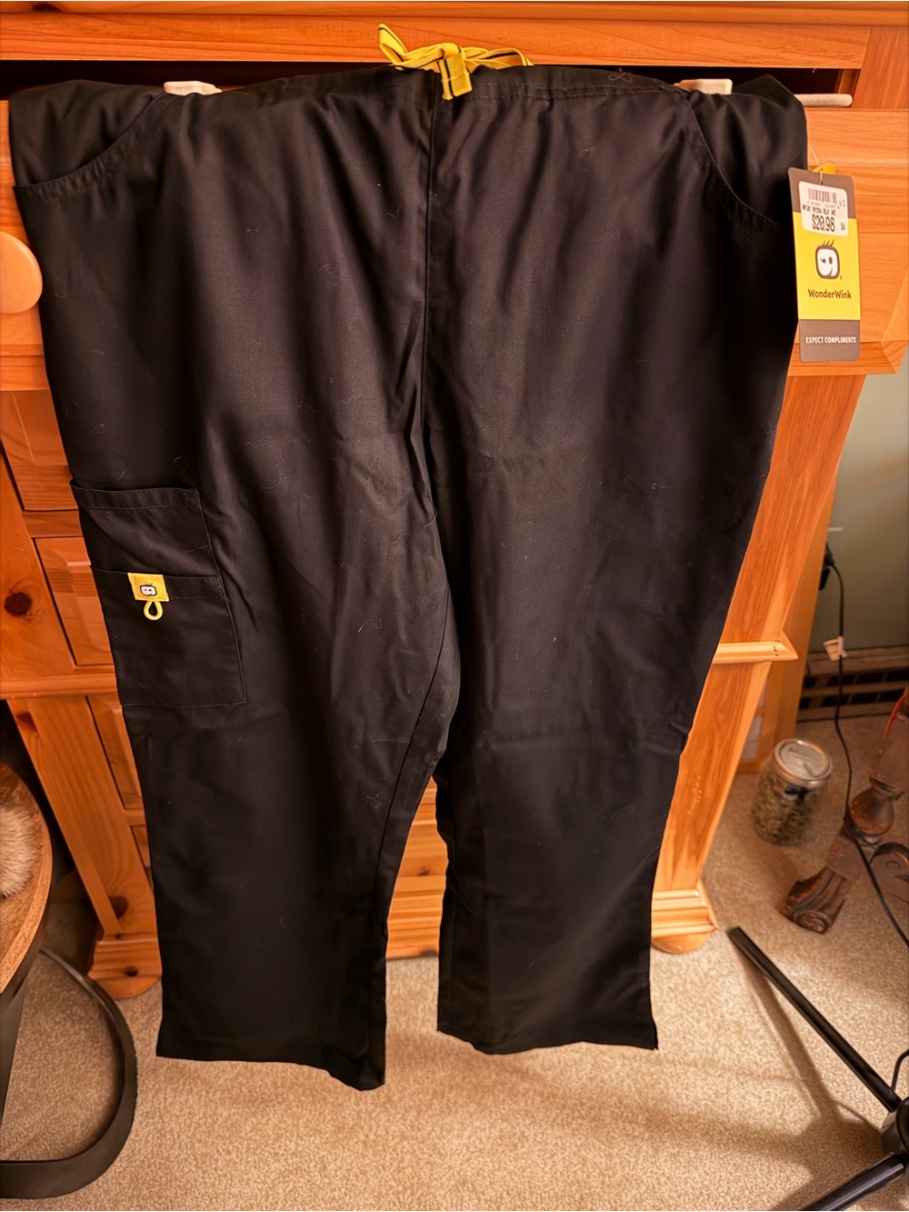WonderWink Black Cargo Scrub Pants with Yellow Drawstring Accents